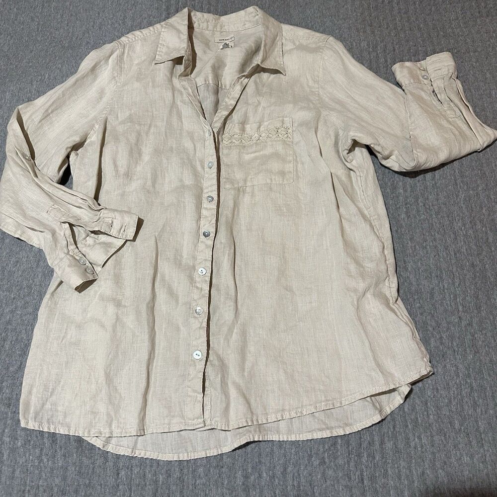 JOIE 100% Linen Button-Down Blouse Beige Lace Pocket 3/4 Sleeve 1X Plus womens